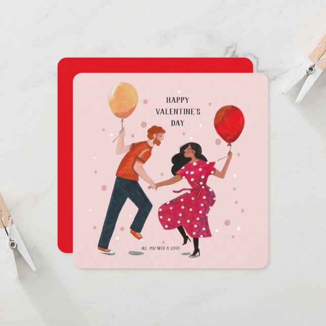 Cute pink & red dancing people valentine card (Front/Back In Situ)