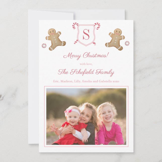 Cute Pink Red Gingerbread Peppermint Stripes Photo Holiday Card (Front)