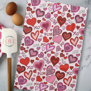 Cute Pink Red Hearts Blush Love Pattern Tea Towel