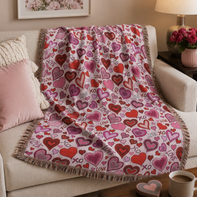 Cute Pink Red Hearts Blush Love Pattern Throw Blanket (Creator Uploaded)
