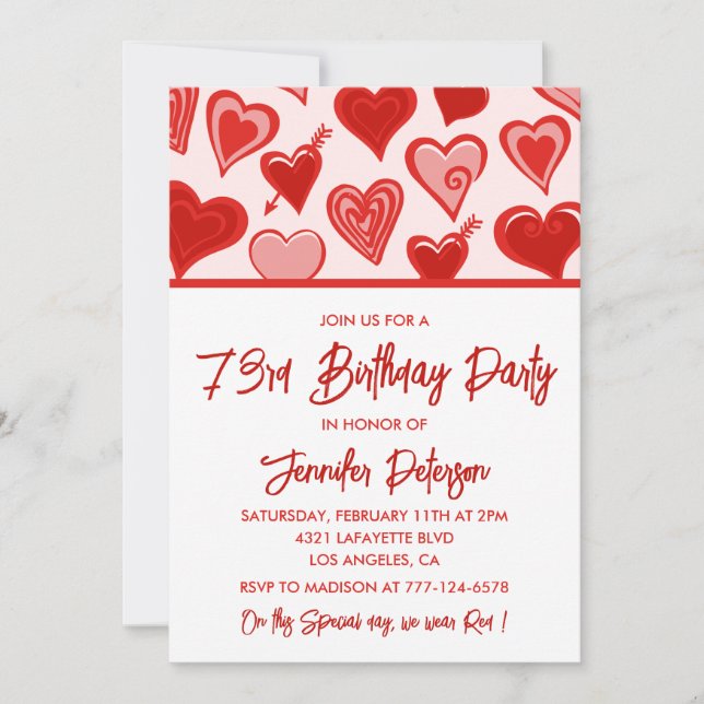 Cute Pink Red Hearts Pattern 73rd birthday Invitation (Front)