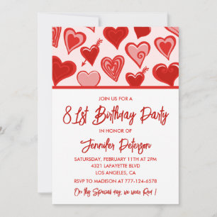 Cute Pink Red Hearts Pattern 81st birthday Invitation