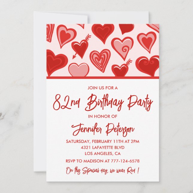 Cute Pink Red Hearts Pattern 82nd birthday Invitation (Front)