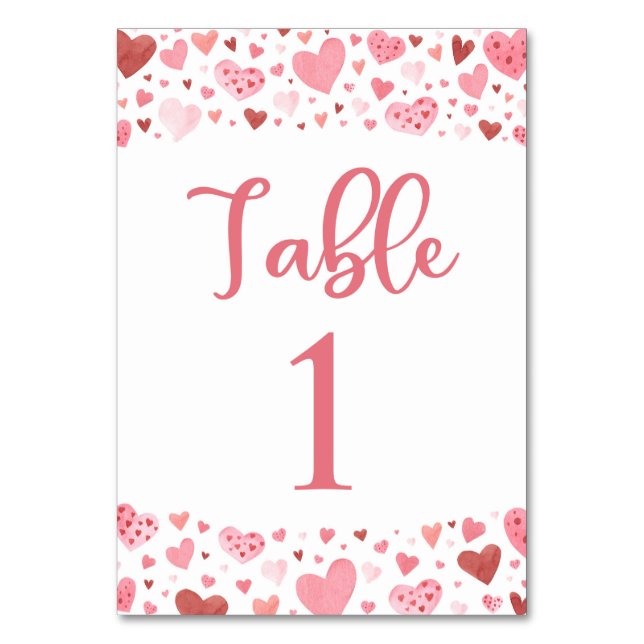 Cute Pink Red Hearts Valentine Table Number Card (Front)
