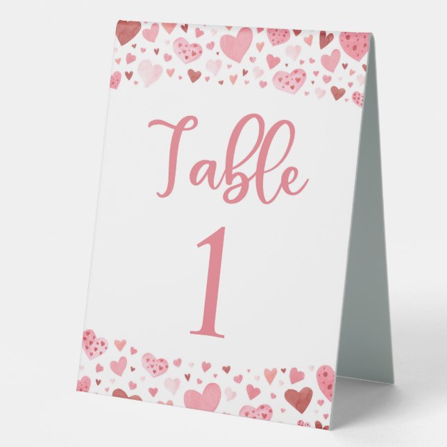 Cute Pink Red Hearts Valentine Table Number Card (Front)