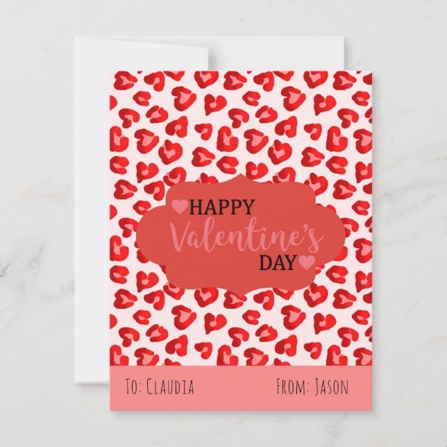Cute Pink & Red Leopard Hearts Kids Classroom Holiday Card (Front)