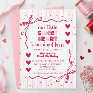 Cute Pink Red Little Sweetheart First Birthday  Invitation