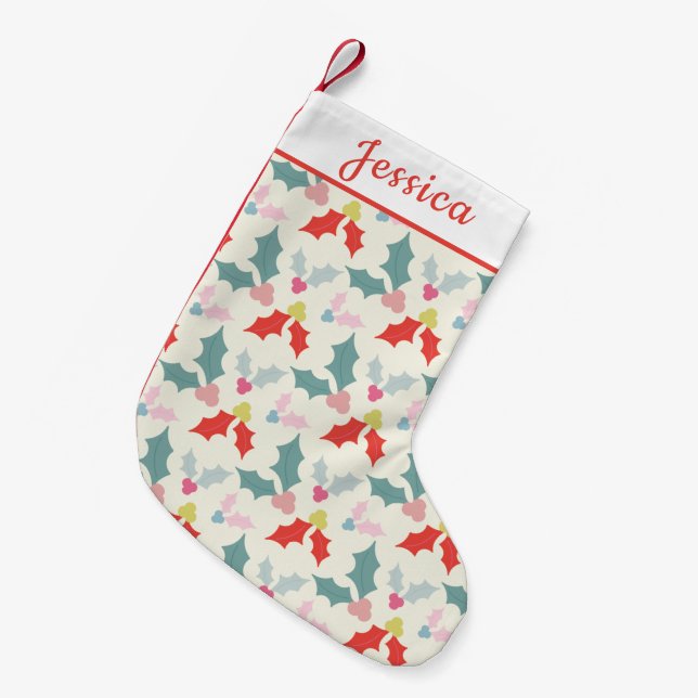 Cute Pink & Red Retro Mistletoe Ivy Small Christmas Stocking (Front (Hanging))