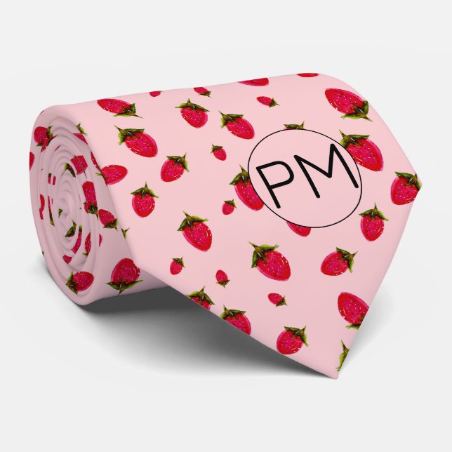 Cute Pink Red Retro Strawberry Monogram Novelty Tie (Rolled)