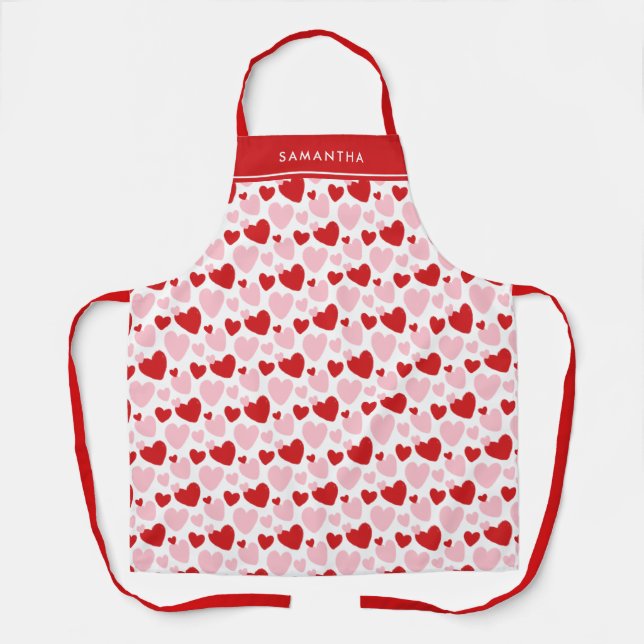 Cute Pink Red Speckled Heart Pattern Personalised Apron (Front)