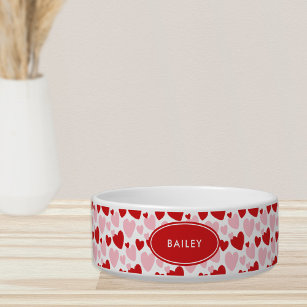 Cute Pink Red Speckled Heart Personalised Pet Bowl