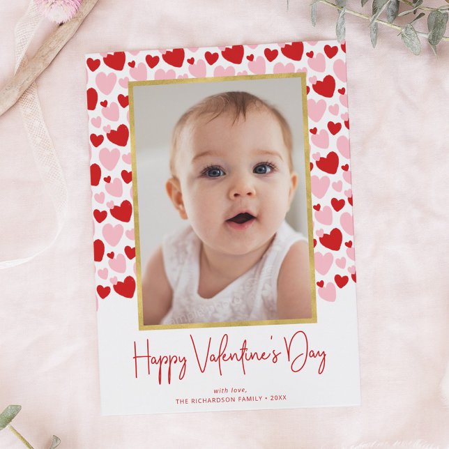 Cute Pink Red Speckled Heart Valentine's Day Photo Holiday Card (Creator Uploaded)