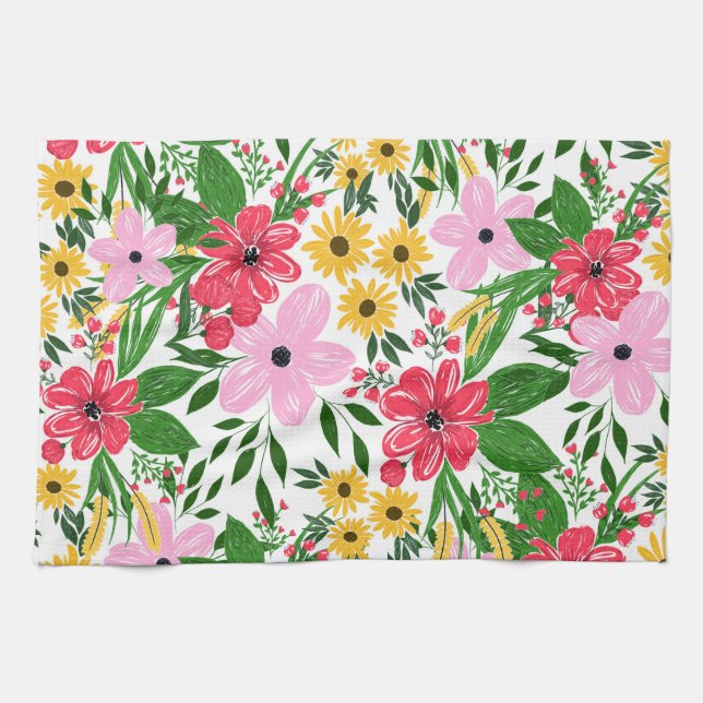 Cute Pink Red Spring Floral Hand Paint Design Tea Towel (Horizontal)