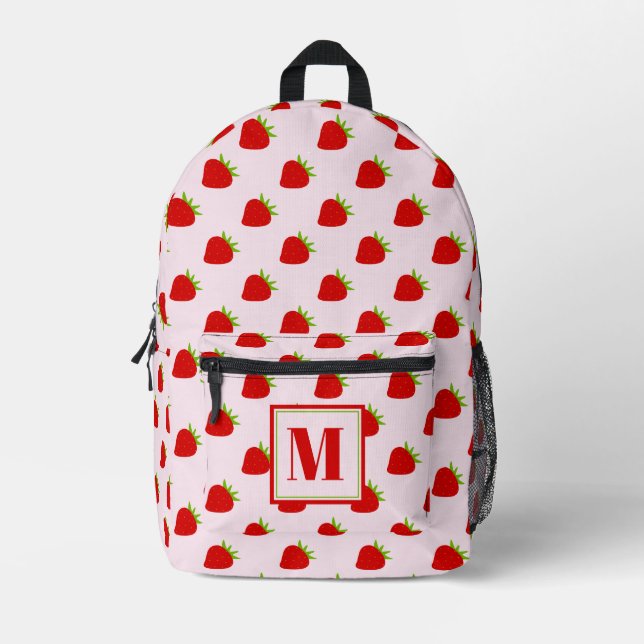 Cute Pink & Red Strawberries Monogrammed Kids Printed Backpack (Front)