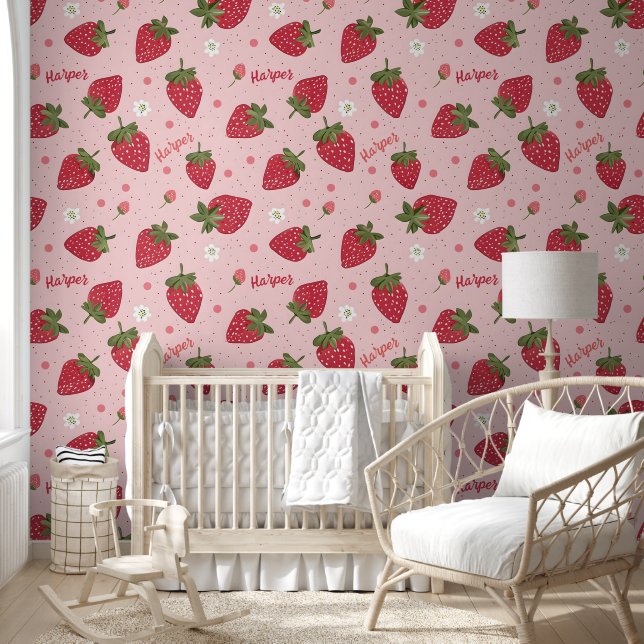 Cute Pink & Red Strawberry Personalised Girl Name  Wallpaper (Kids)