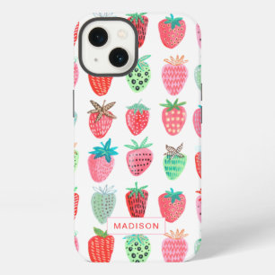 cute pink & red strawberry summer fruit pattern iPhone 13 case