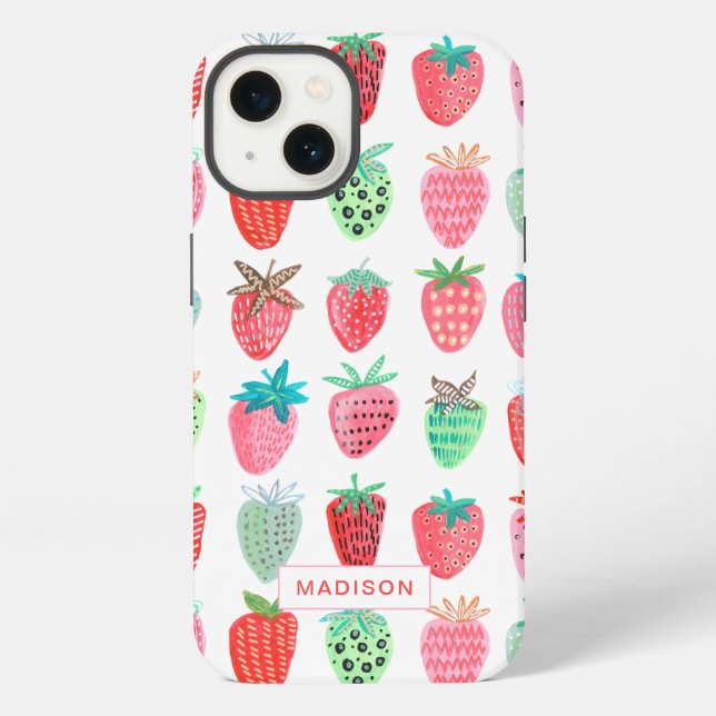 cute pink & red strawberry summer fruit pattern iPhone case (Back)