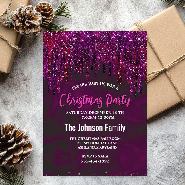 Cute Pink Red Unicorn Glitter Drips Christmas  Invitation (Creator Uploaded)