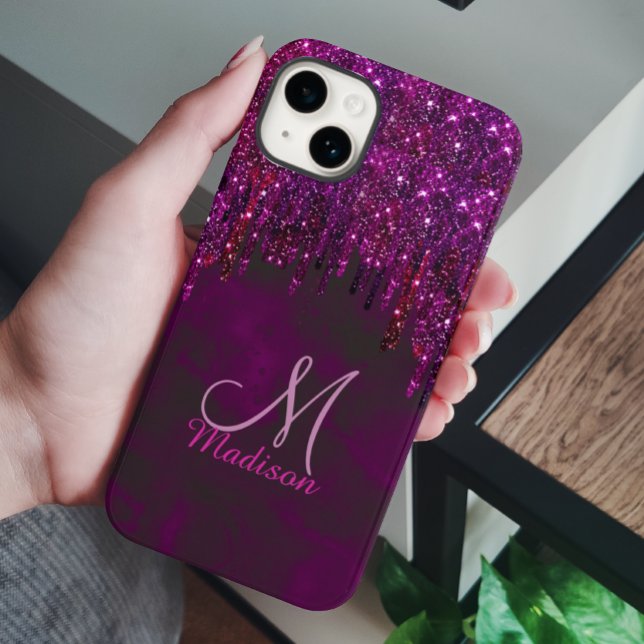 Cute Pink Red Unicorn Glitter Drips monogram Case-Mate iPhone Case (Creator Uploaded)