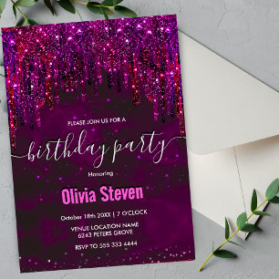 Cute Pink Red Unicorn Glitter Drips monogram Invitation