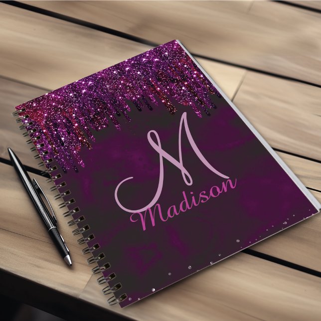 Cute Pink Red Unicorn Glitter Drips monogram Notebook (Creator Uploaded)
