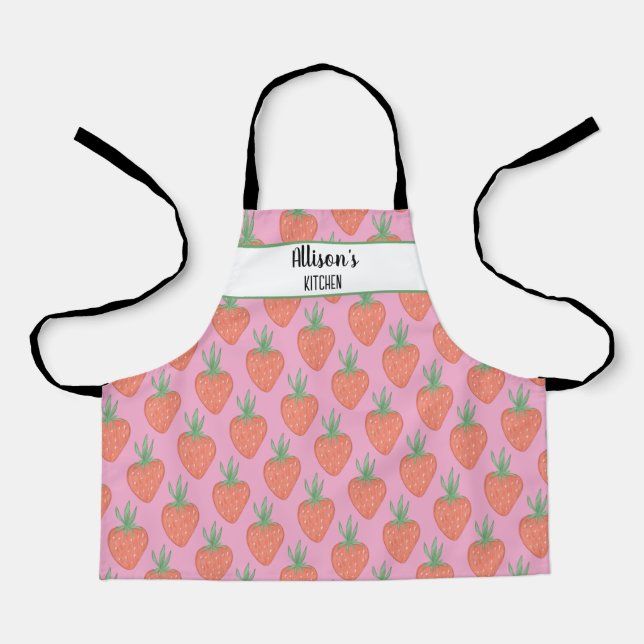 Cute Pink & Red 🍓 Watercolor Strawberries Apron (Front)