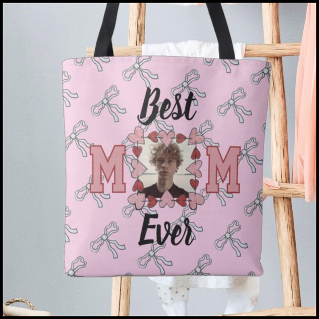 Cute Pink red & White Bows 1 Photo Best Mom Ever Tote Bag (Creator Uploaded)