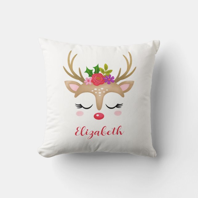 Cute Pink Reindeer Christmas Monogram Cushion (Front)