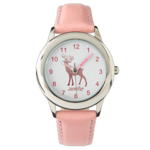 cute pink reindeer christmas personalised girl watch