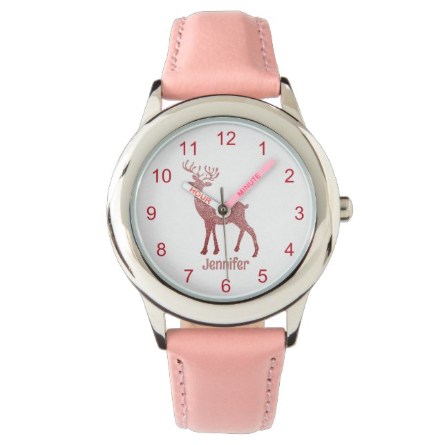 cute pink reindeer christmas personalised girl watch (Front)