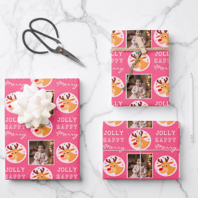 Cute Pink Reindeer Family Photo Christmas  Wrapping Paper Sheet (Front)