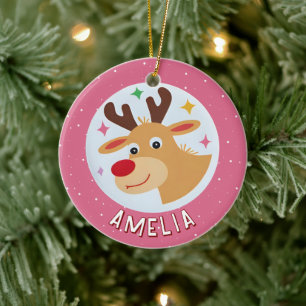 Cute Pink Reindeer Kid`s Name Christmas Ceramic Tree Decoration