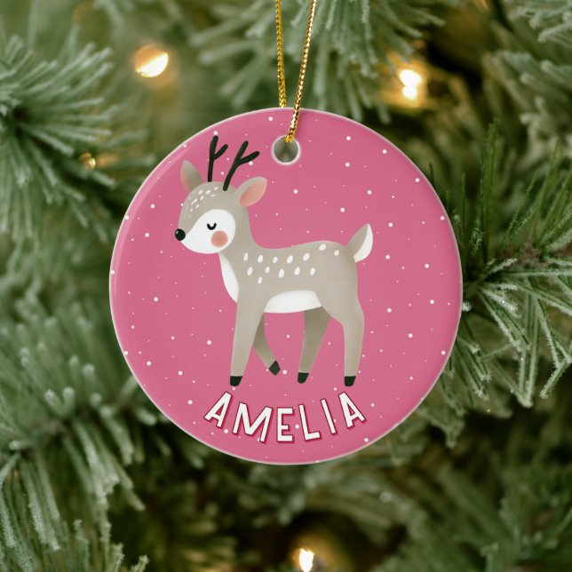 Cute Pink Reindeer Kid`s Name Christmas Ceramic Tree Decoration (Tree)