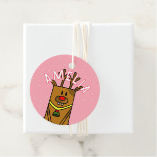 Cute Pink Reindeer Kid`s Name Christmas  Favour Tags