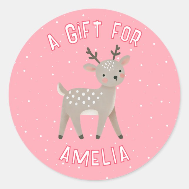 Cute Pink Reindeer Kid`s Name Christmas Gift Classic Round Sticker (Front)