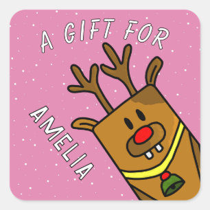 Cute Pink Reindeer Kid`s Name Christmas Gift Square Sticker