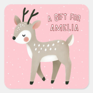 Cute Pink Reindeer Kid`s Name Christmas Gift Square Sticker