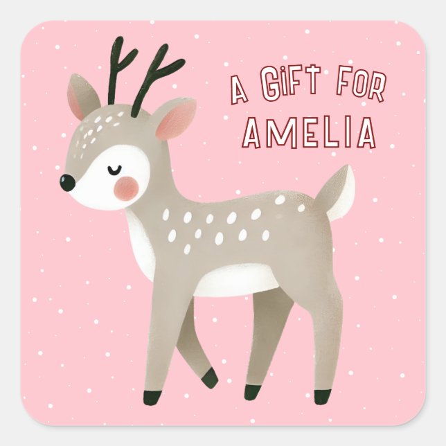 Cute Pink Reindeer Kid`s Name Christmas Gift Square Sticker (Front)