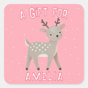 Cute Pink Reindeer Kid`s Name Christmas Gift Square Sticker