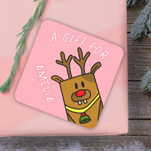 Cute Pink Reindeer Kid`s Name Christmas Gift Square Sticker