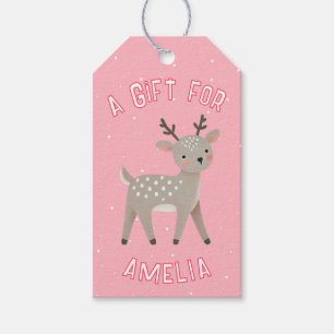 Cute Pink Reindeer Kid`s Name Christmas Gift Tags