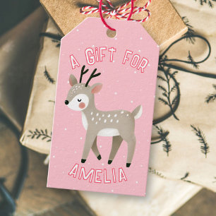 Cute Pink Reindeer Kid`s Name Christmas  Gift Tags