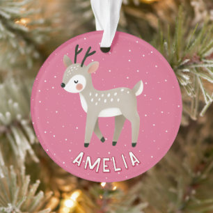 Cute Pink Reindeer Kid`s Name Christmas Ornament