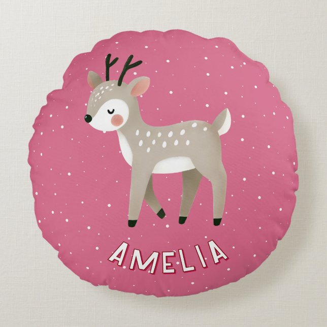 Cute Pink Reindeer Kid`s Name Christmas Round Cushion (Front)
