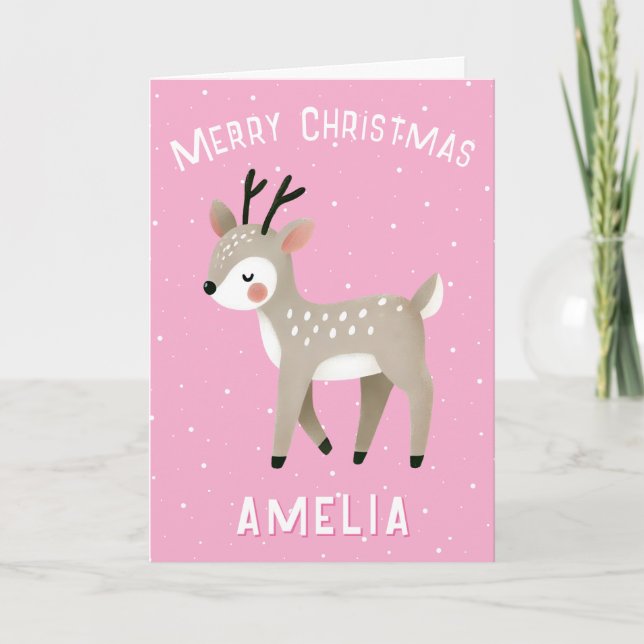 Cute Pink Reindeer Kid`s Name Merry Christmas Card (Front)