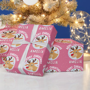 Cute Pink Reindeer Kid`s Name Merry Christmas Wrapping Paper