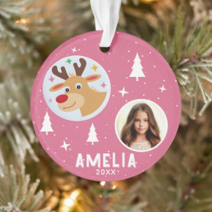 Cute Pink Reindeer Kid`s Name Photo Christmas Ornament