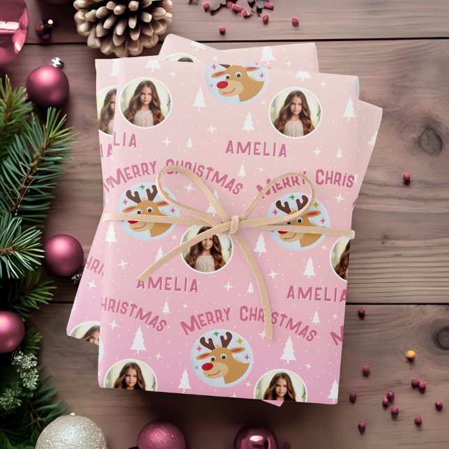 Cute Pink Reindeer Kid`s Name Photo Christmas Wrapping Paper Sheet (Creator Uploaded)