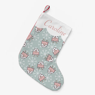 Cute Pink Reindeer Snowflake Kids Holiday Small Christmas Stocking