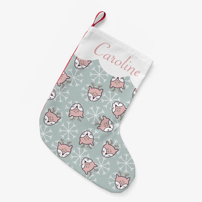 Cute Pink Reindeer Snowflake Kids Holiday Small Christmas Stocking (Front (Hanging))